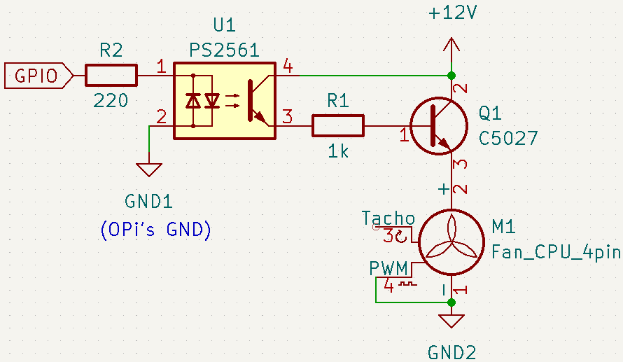 Fan control circuit with the following connections: GPIO - 220ohm resistor - optocoupler's input cathode; optocoupler's input anode - Pi's GND; optocoupler's output collector - 12V; optocoupler's output emitter - 1kohm resistor - transistor's base; transistor's collector - 12V; transistor's emitter - fan VCC; fan PWM - fan GND - 12V's GND